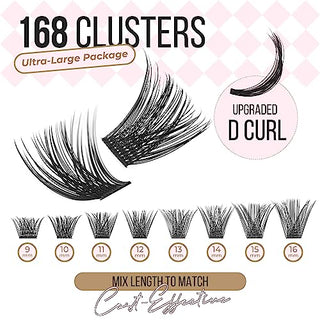 LASHVIEW Lash Extensions with bond & seal 168pcs D Curl Lash Clusters Natural Look Super Thin Band & Soft Lashes Reusable 9-16mm MIX(56D)