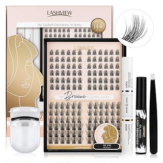 LASHVIEW Breeze DIY Volume Cluster Lash Extension Kit 144 Pcs Lash Clusters with Lash Bond and Seal, Cluster Lash Glue Remover and Lash Applicator for Self Use(703)